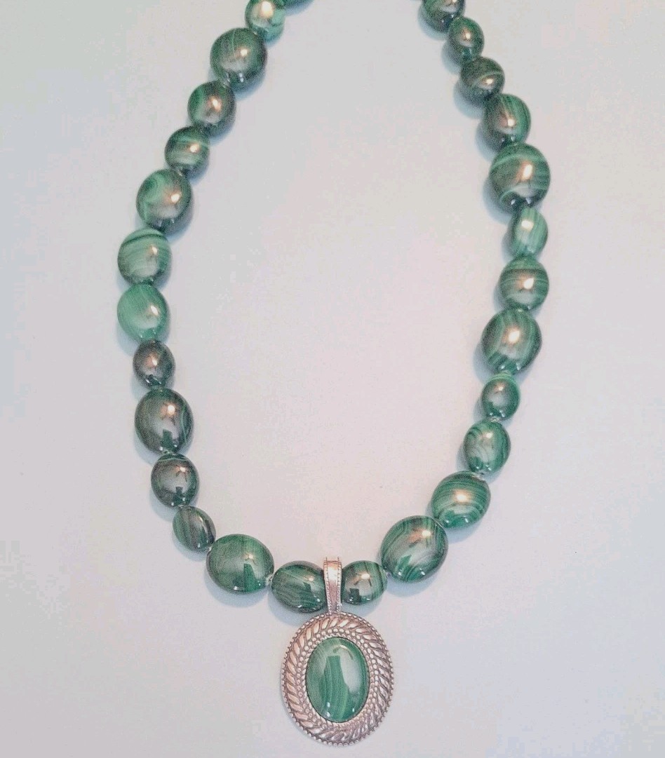 Vtg Carolyn Pollack 925 Sterling Silver Green Malachite Beaded Enhancer Necklace