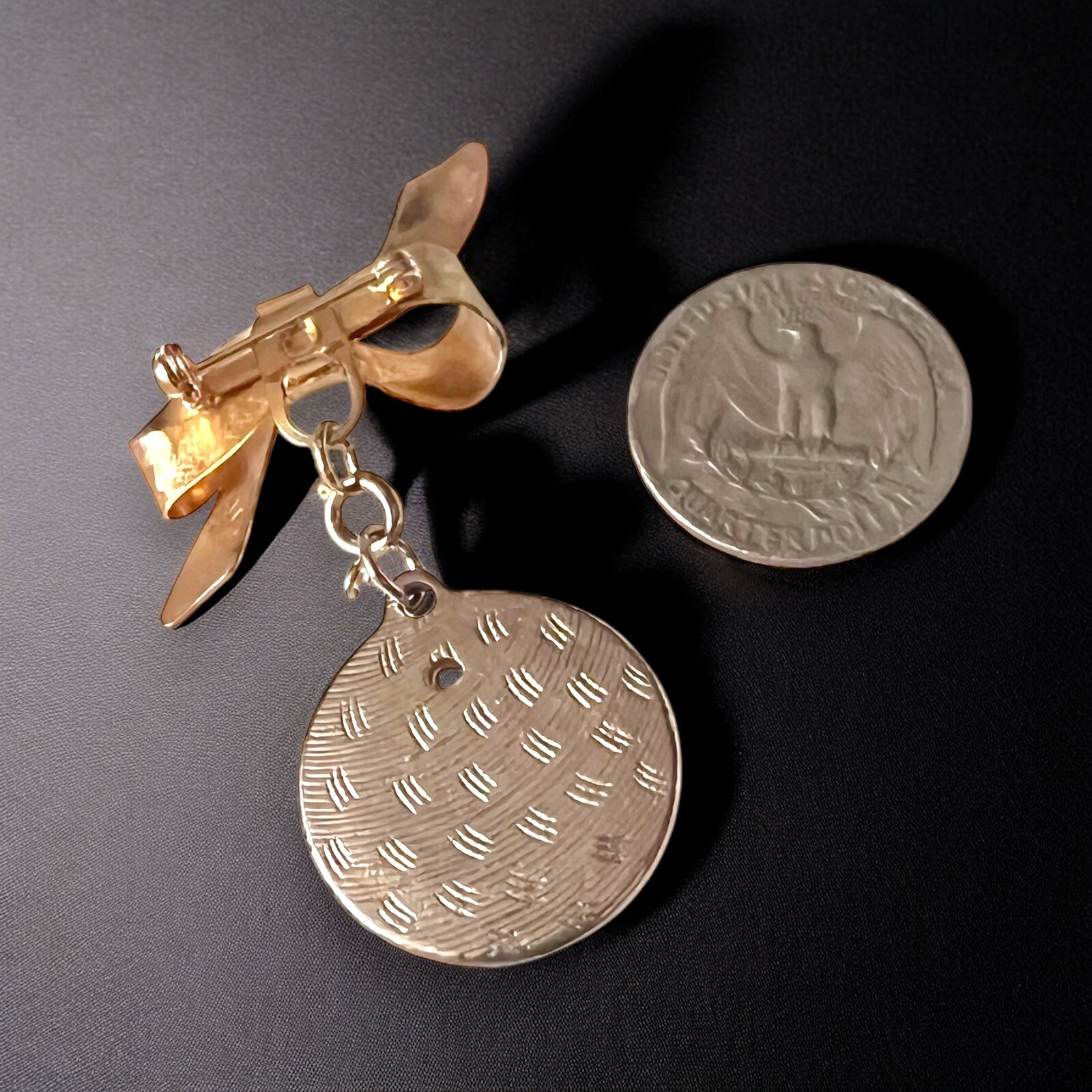 Photo Brooch Bow Locket Pin Vintage Gold Tone Dangle Baby Picture