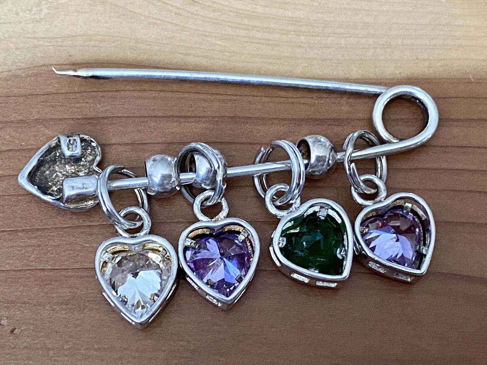 Vintage 925 Sterling Silver Purple, Green & White CZ Heart Shaped Pin / Brooch