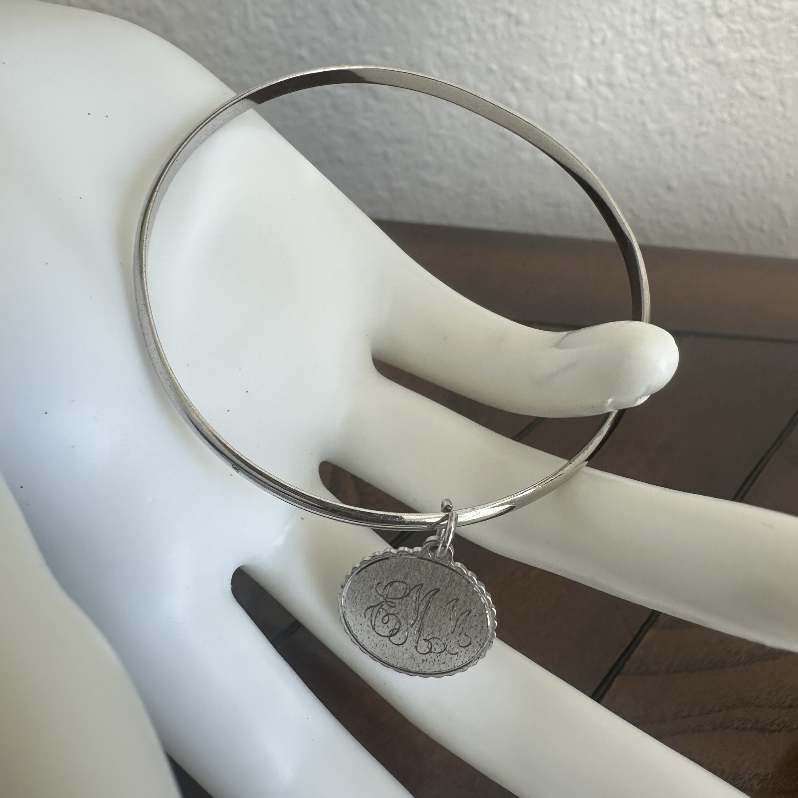 Vintage 1971 Bangle Bracelet 7.5 Inch Monogram EMM Charm 925 Sterling 10.4g