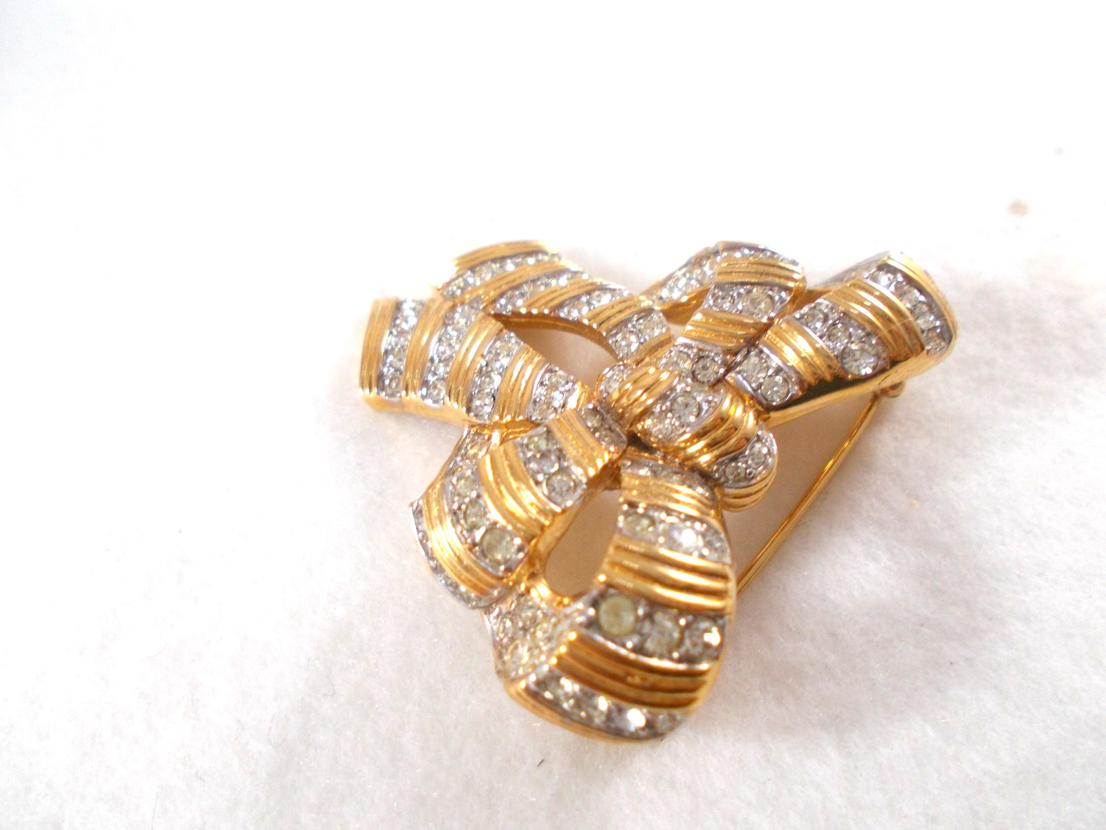 Vintage Gold Tone Ribbon Brooch with Pavé Set Crystal Rhinestones Free Shipping