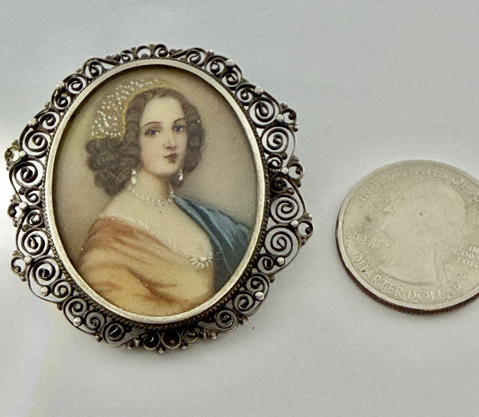 Vintage Renaissance Lady Portrait Hand Painted Miniature Brooch 800 Silver