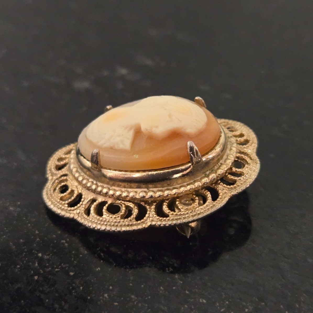 Vintage Cameo Brooch Carved Shell Portrait 1920s Orange White ornate filagree