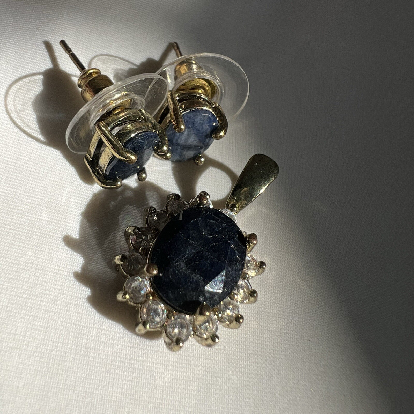 Vintage Blue Iolite Gemstone Gold Tone Pendant Stud Earrings Estate Jewelry Set