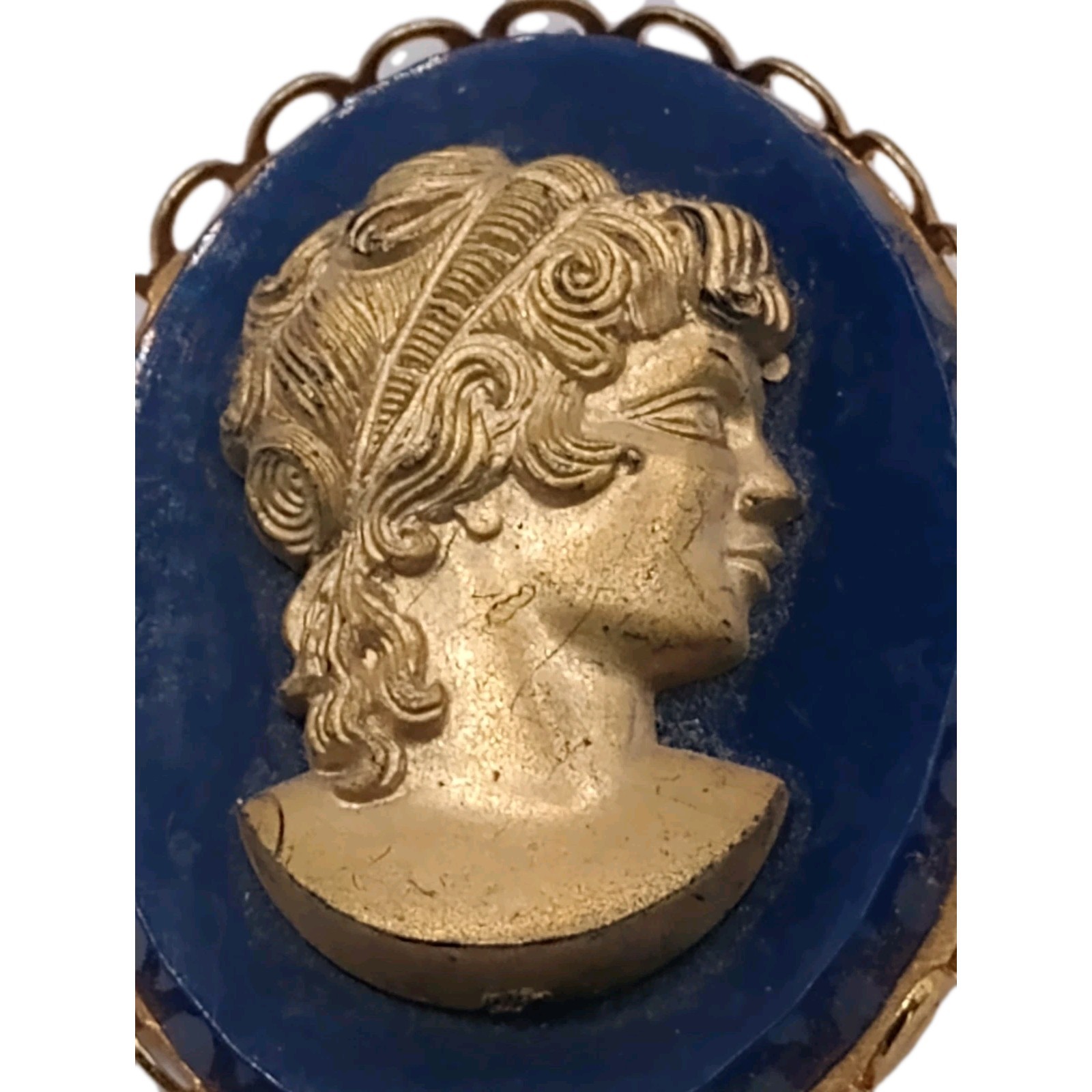 Vintage Blue Gold Cameo Brooch Greek roman goddess Female Profile Pin 1 3/4 in