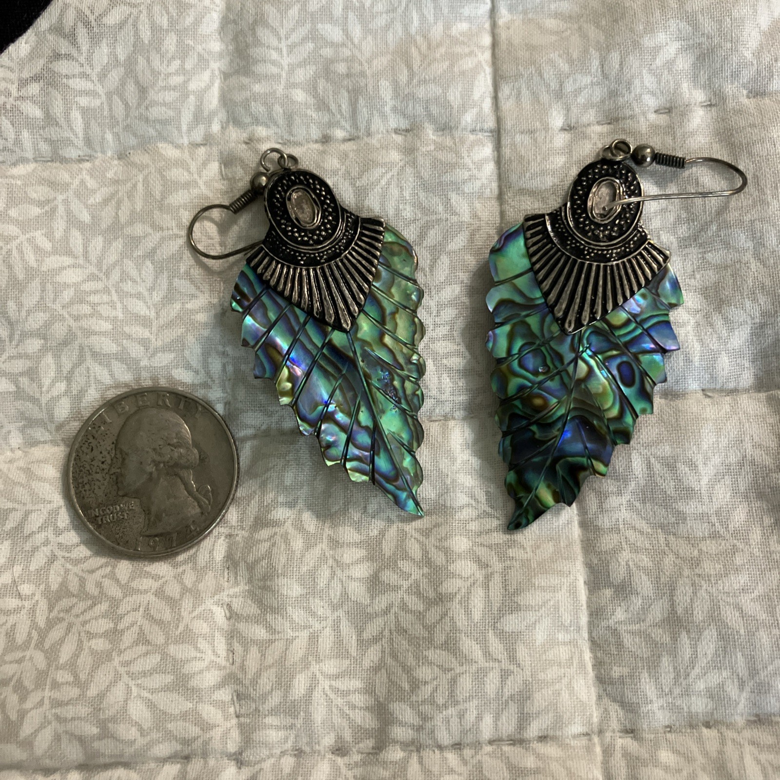 Vintage 1980s-1990s, Abalone Feather Earrings, Silver