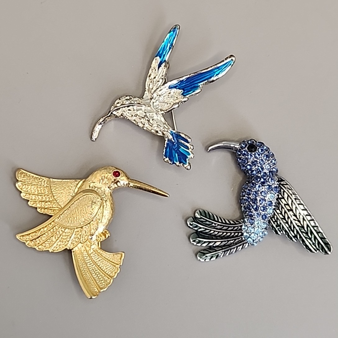 Hummingbird Brooch Lot of 3 Blue Rhinestones Enamel 1.5-2″