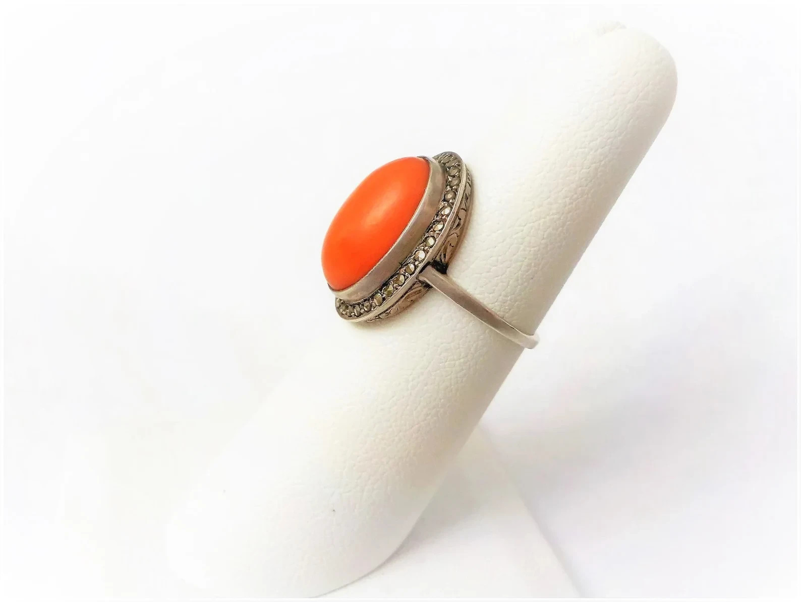 Vintage Art Deco Large Oval Red Coral Marcasite Sterling Silver Ring