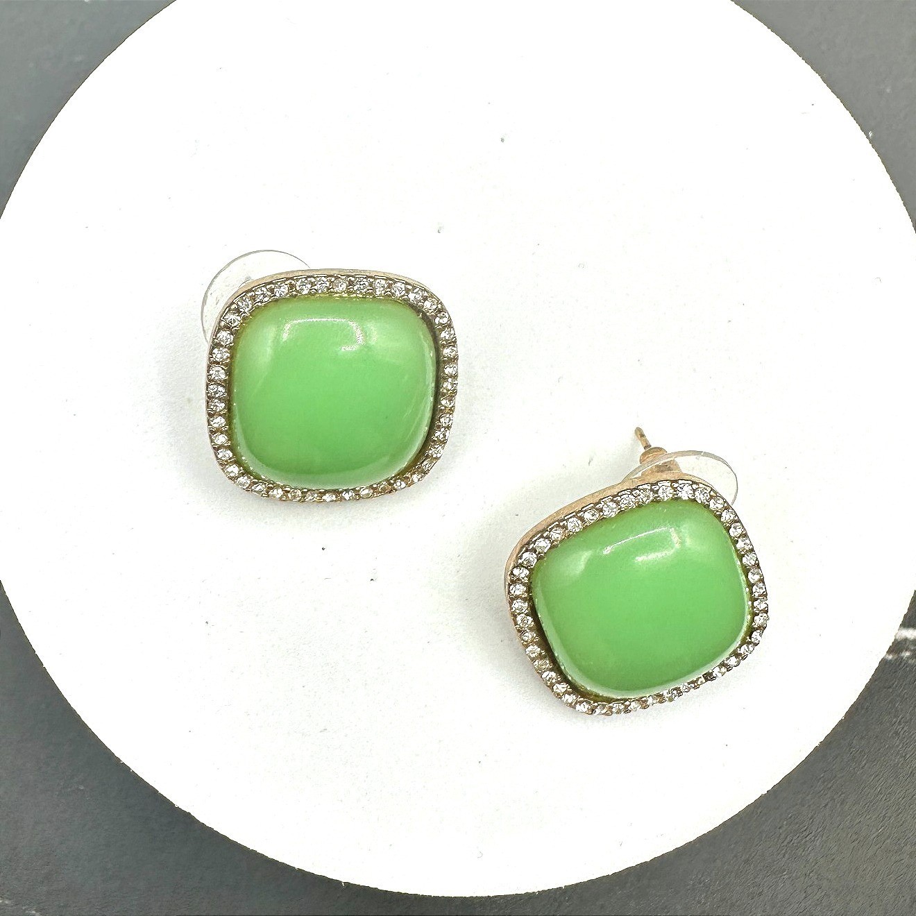 Mint Green Cushion-Cut Earrings w/ Rhinestone Halo Vintage Glam