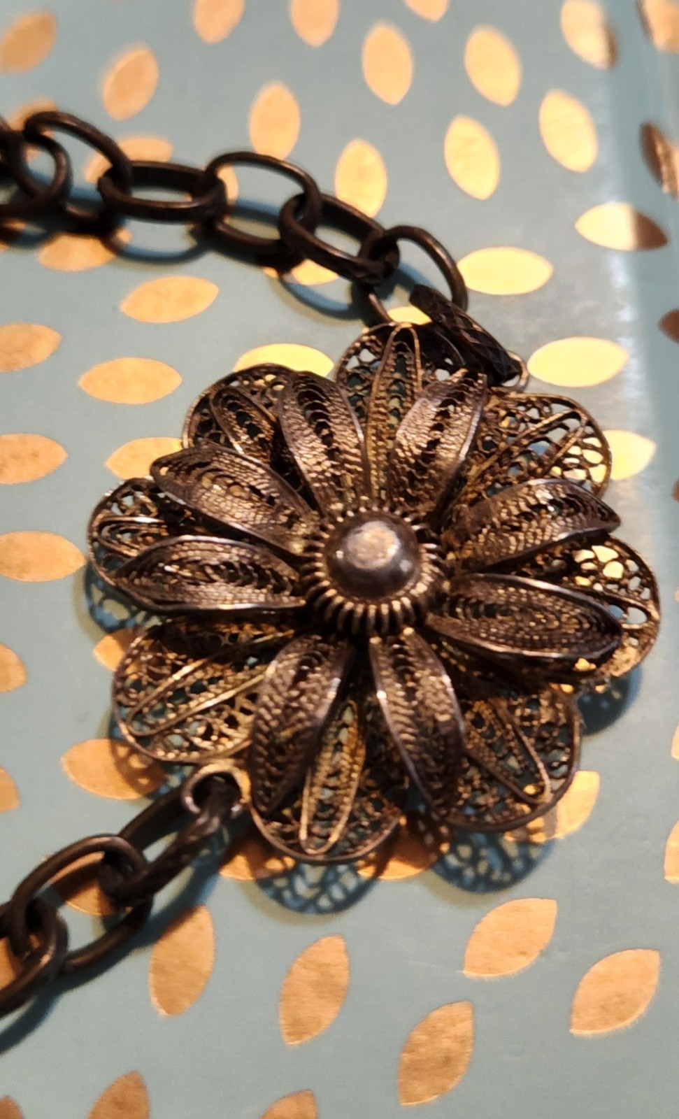 VTG Silver (tested) Filigree Flower Station Charms On Bronze-tone Chain