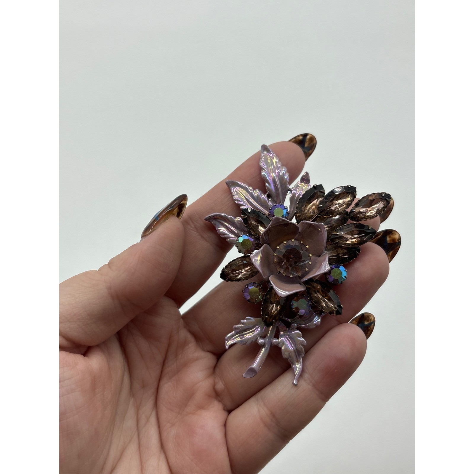 Vintage Purple Enamel Flower Bouquet Brooch Aurora Borealis Rhinestone