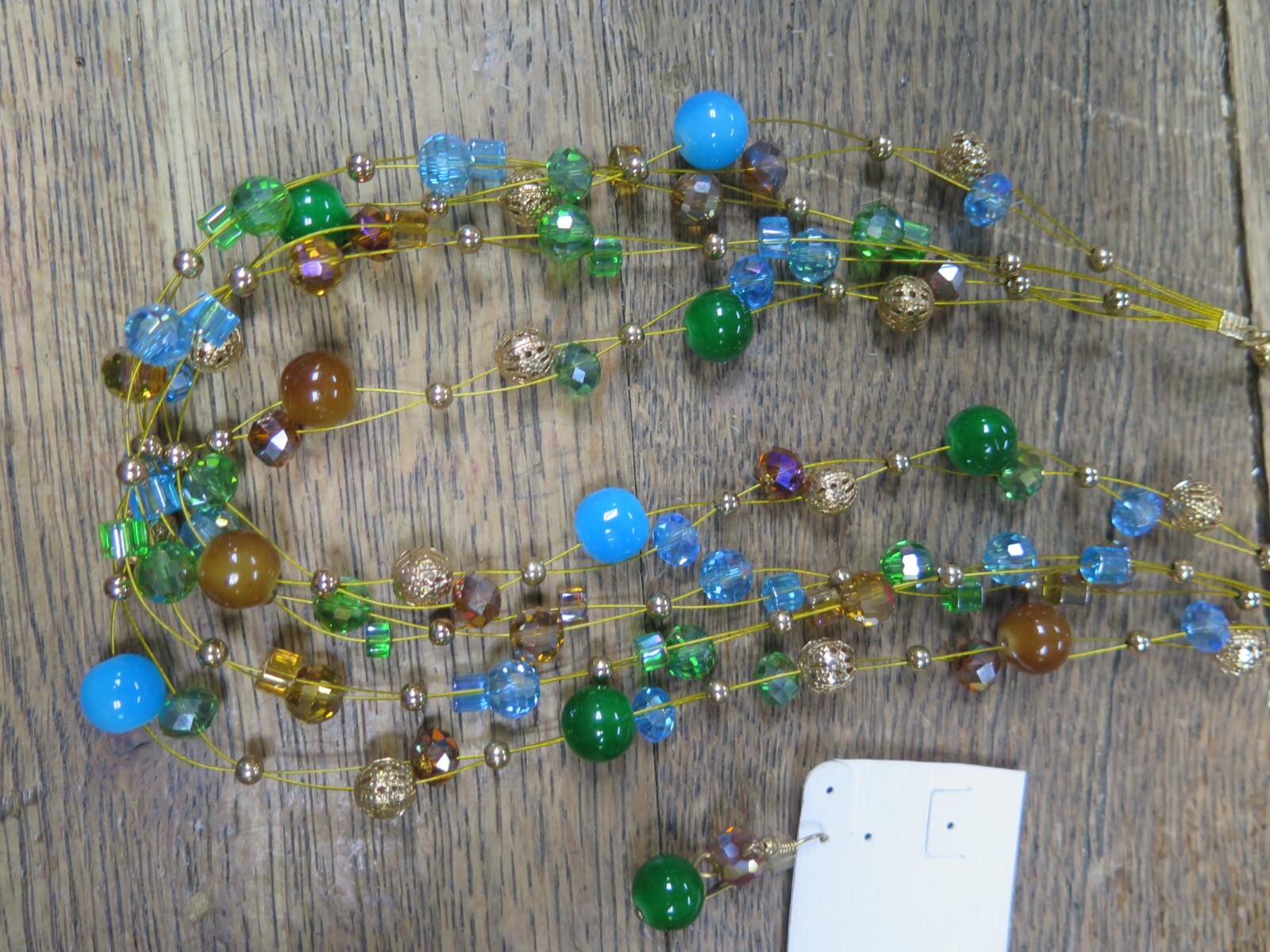 VINTAGE Multi Strand Beads Jeweled Wire Wrap Flexible Necklace 20″ W/ Earrings