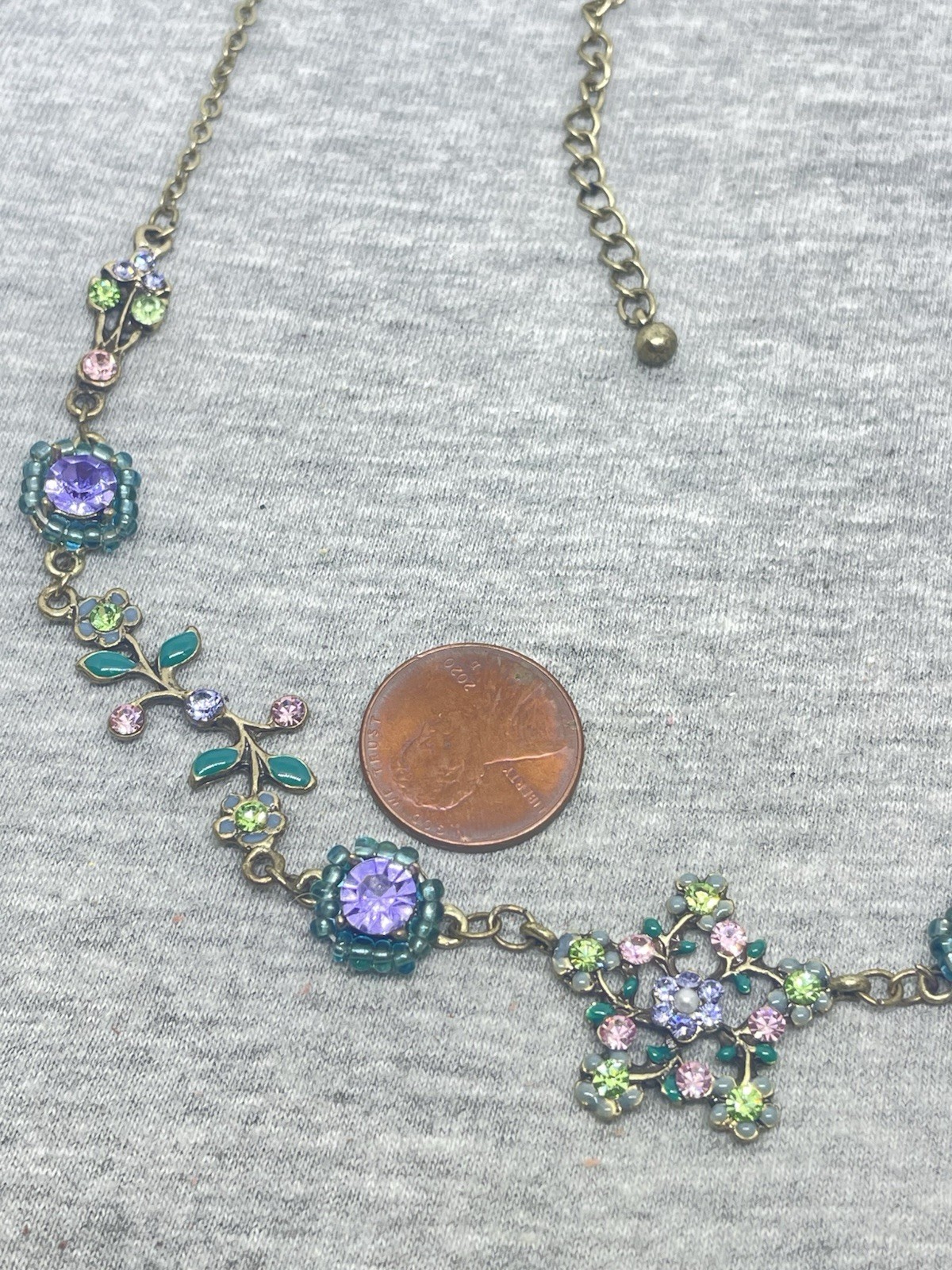 Vintage Bronze Tone Floral Multicolor Enamel Rhinestones Beads 16-19” Necklace