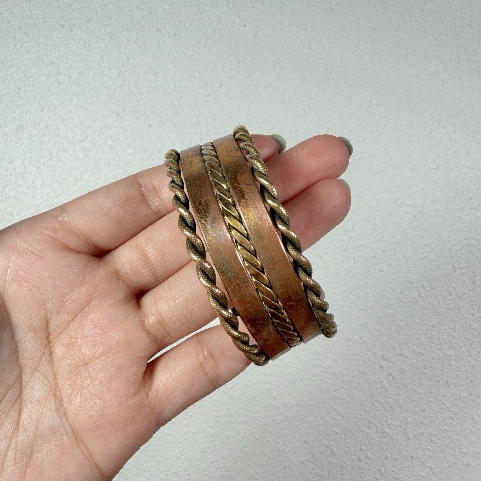 Vintage Multi Strand Brass and Copper Metal Twisted Detail Cuff Bracelet