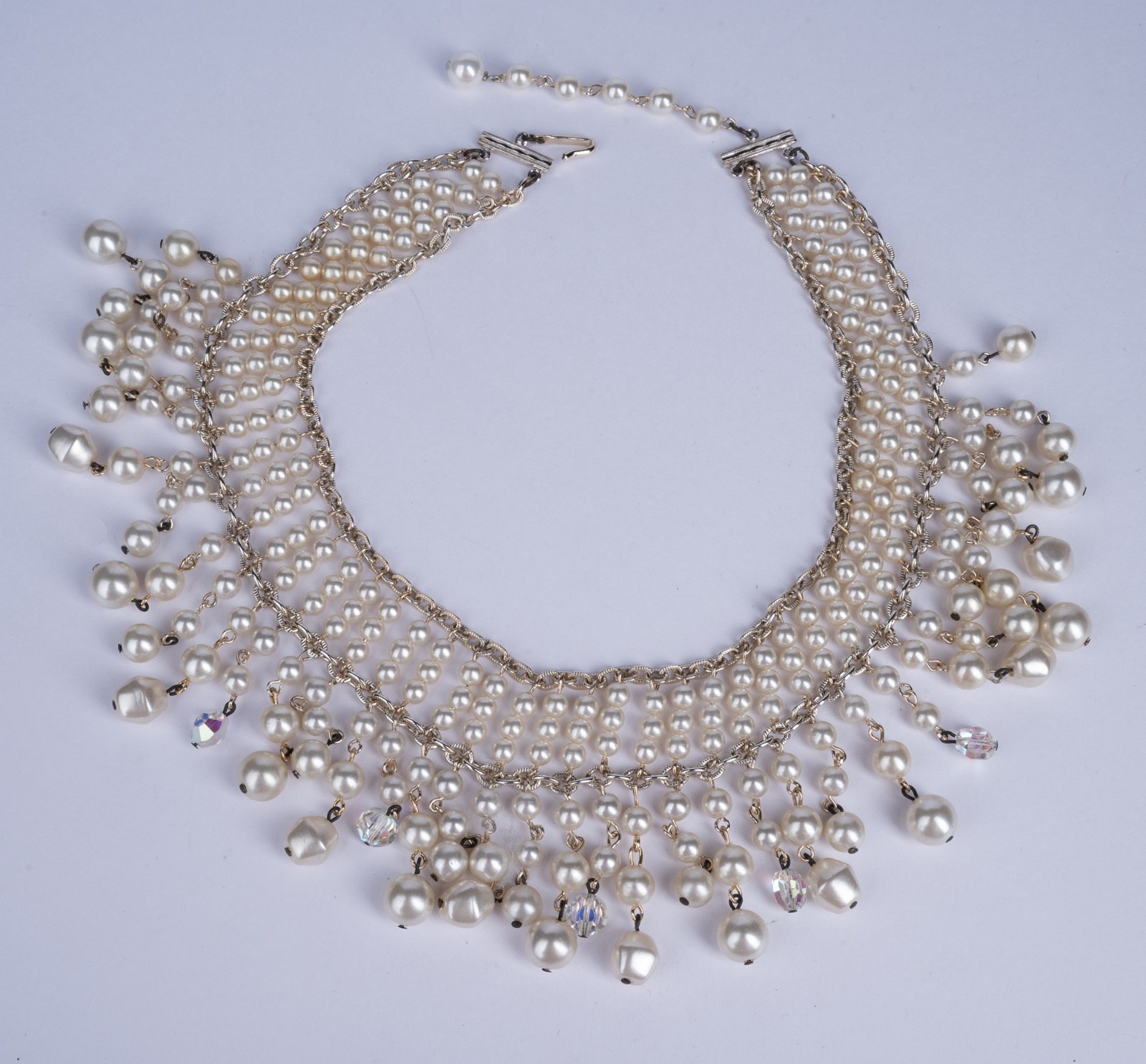 Vintage Faux Pearl Bib Collar Necklace Beaded Fringe Crystal Accents 17″