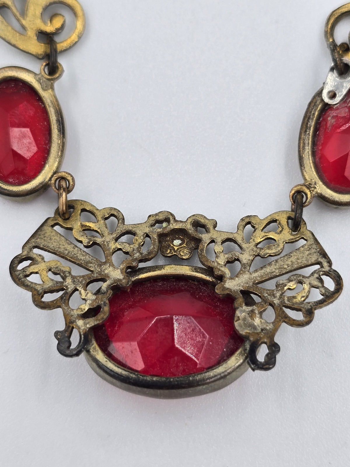 Antique Brass Filigree Necklace Red Glass Stones Art Deco Nouveau Style