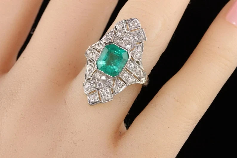 2.50 Ct Lab-Created Emerald And Diamond Art Deco Style Statement Ring 925 Silver