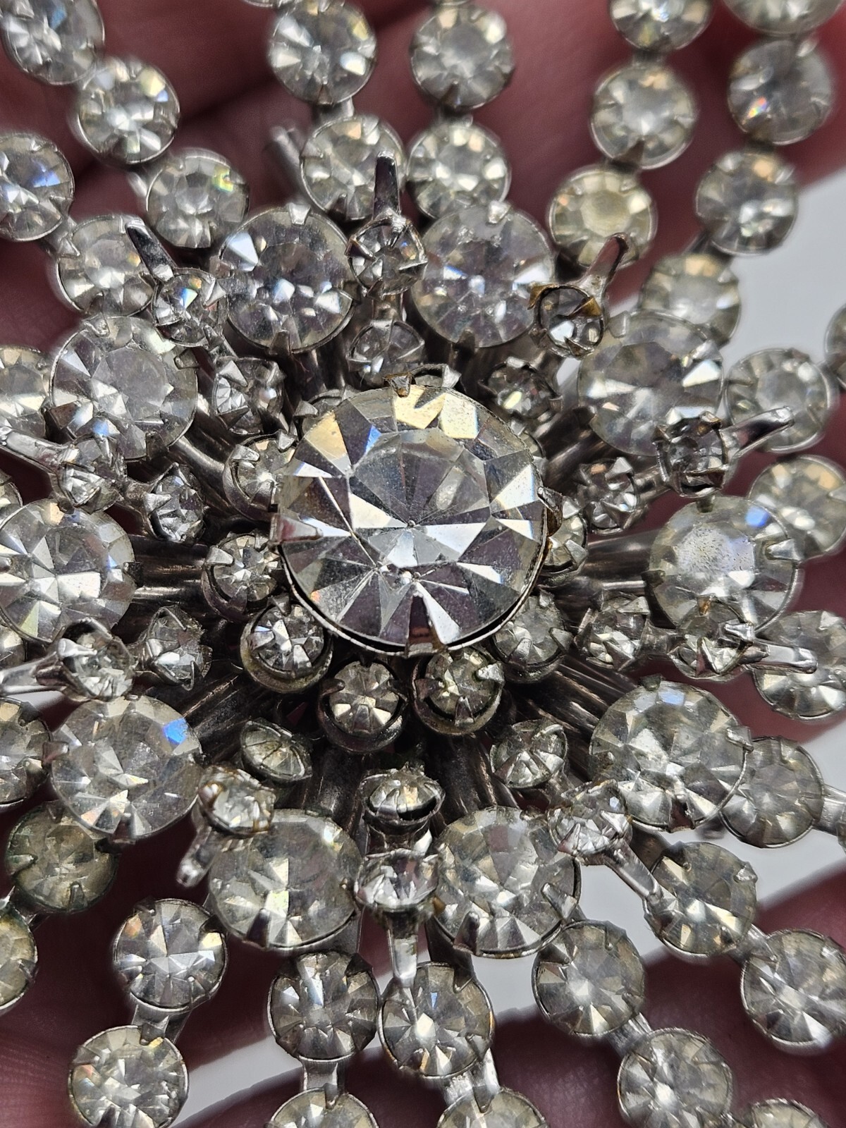 Vintage Clear Glass Rhinestone Pinwheel Large Brooch Pin