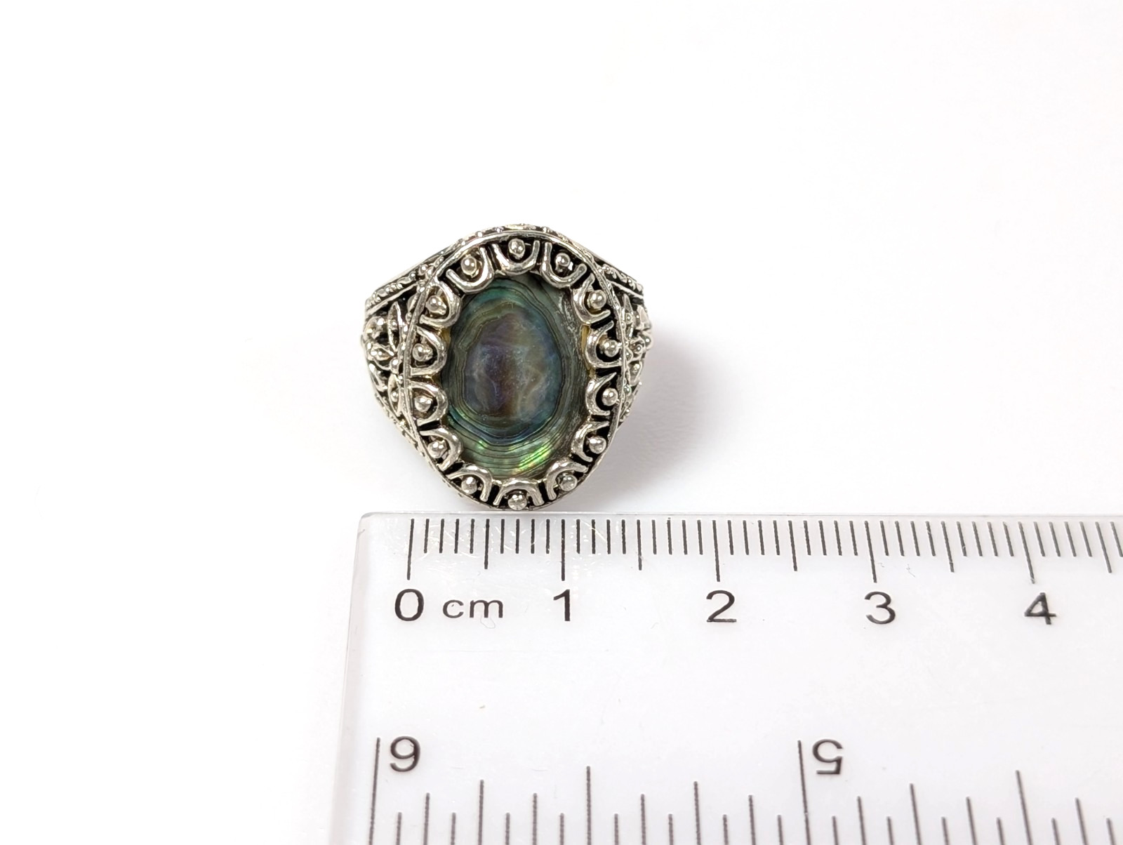 Vtg Abalone Sterling Silver 925 Scalloped Open Filigree Statement Ring CW Sz 5.5