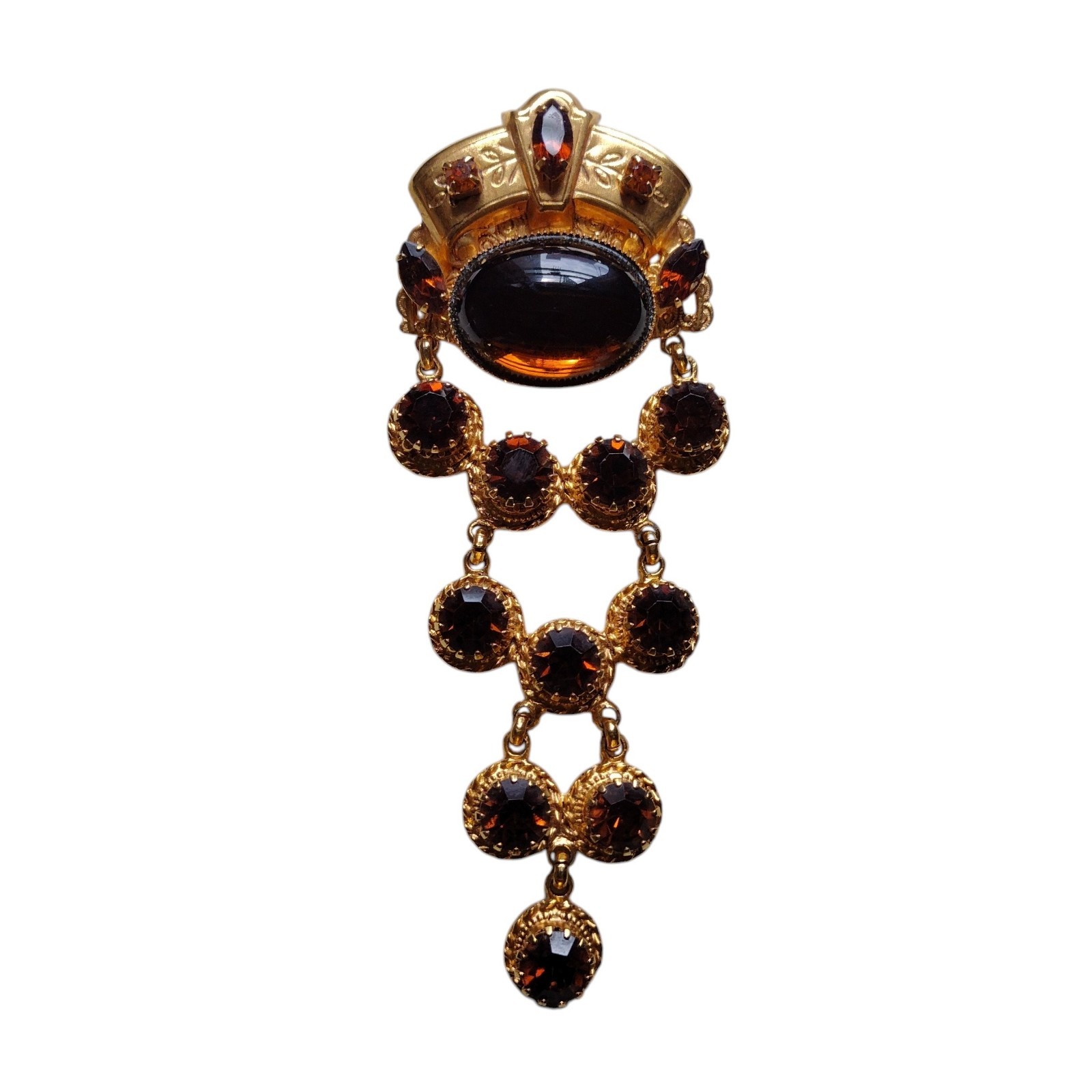 Robert Rose Gold Tone Amber Rhinestone Crown Chandelier Dangle Statement Brooch