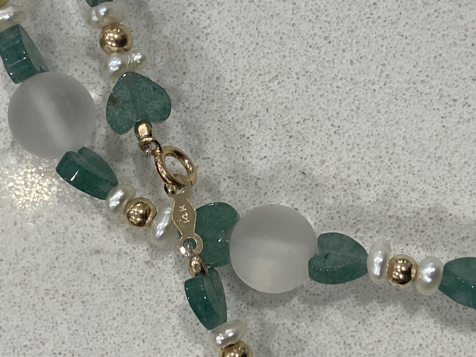 14K Gold, Emerald Hearts, Clear Round Quartz, Pearls & Gold Beads Clasp Necklace