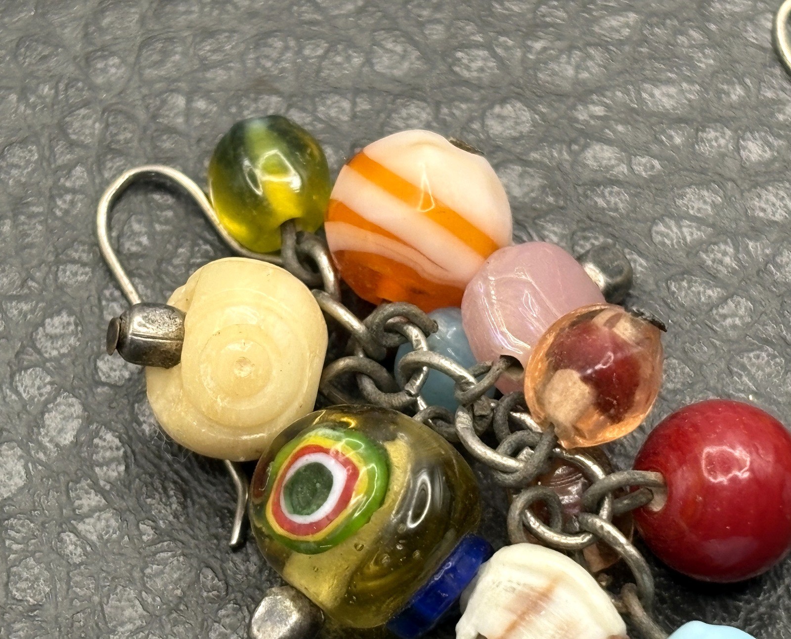 Vintage Multicolor Italian Art Glass Bead Charm Dangle Drop Earrings Shell