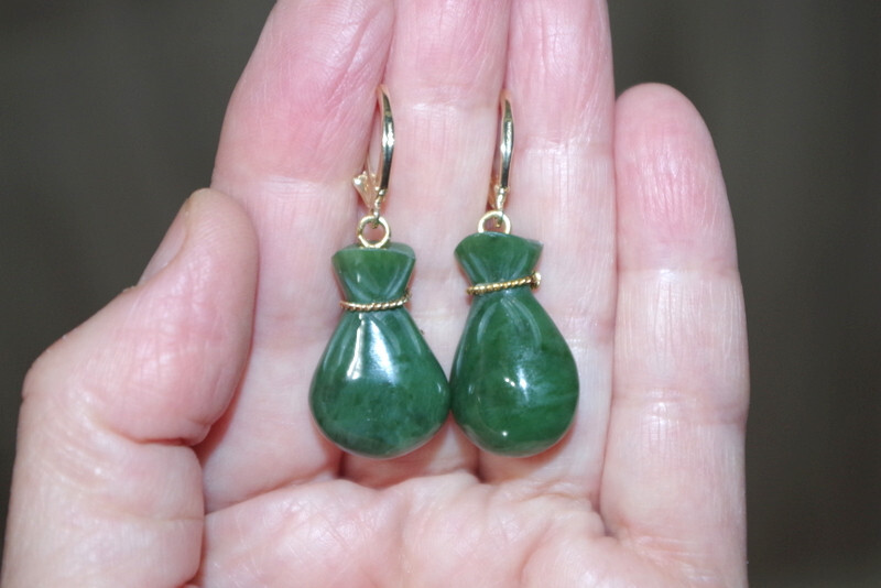 14K Exquisite Carved Jade bag of money Lucky Stone Lever back Earrings