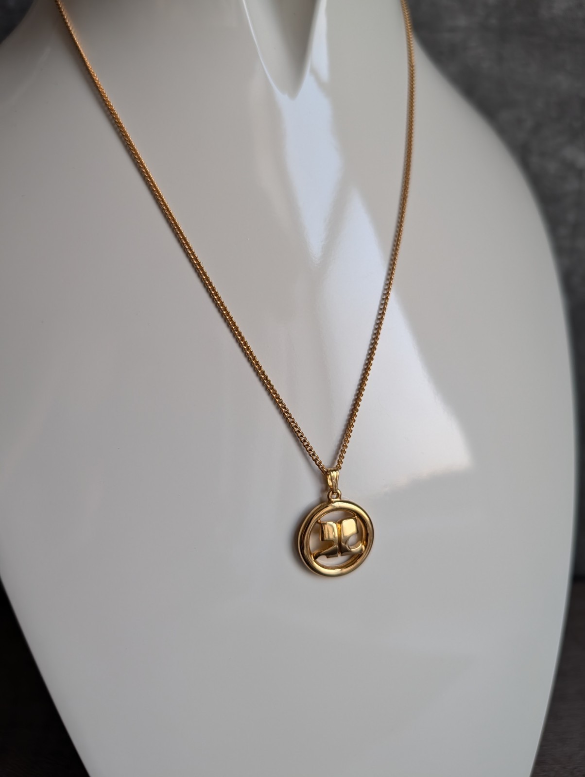 Vintage Courrèges Gold-Plated Circular “AC” Logo Pendant Necklace
