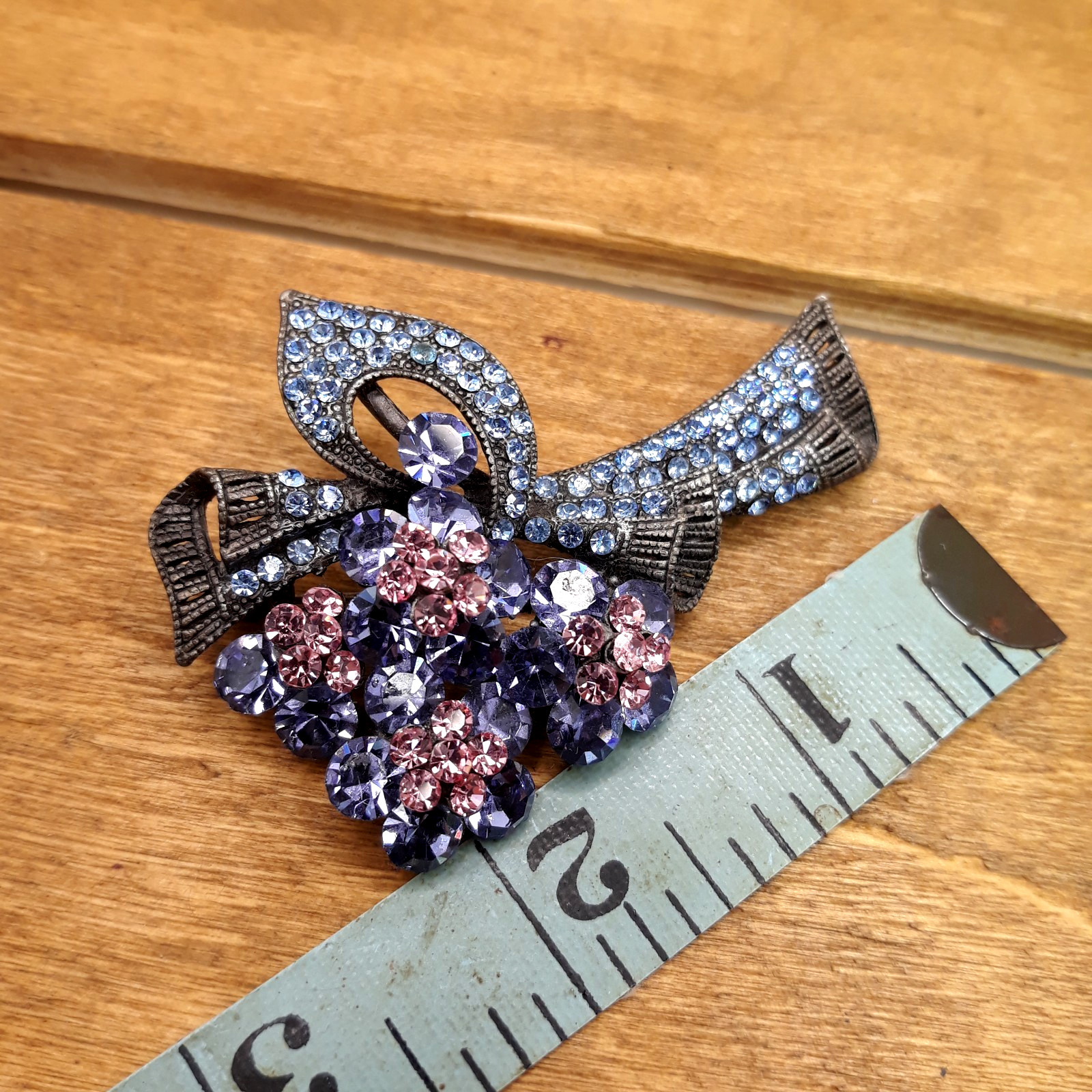 Vintage Pink & Blue Rhinestone Floral Bouquet Gunmetal Brooch 2.5″