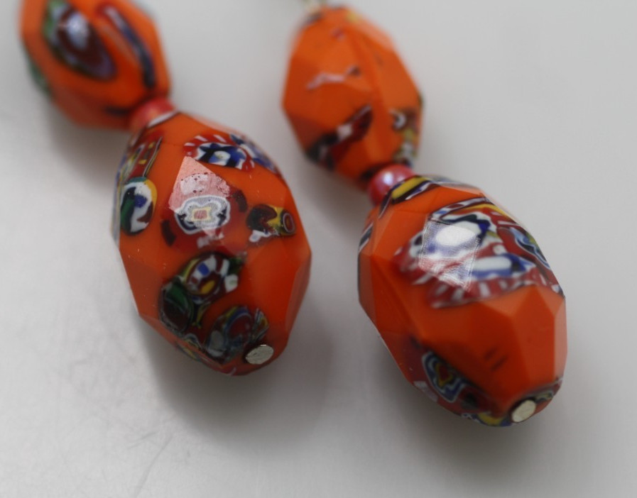 VTG orange faceted glass millefiori beaded hook dangle drop pierced earrings
