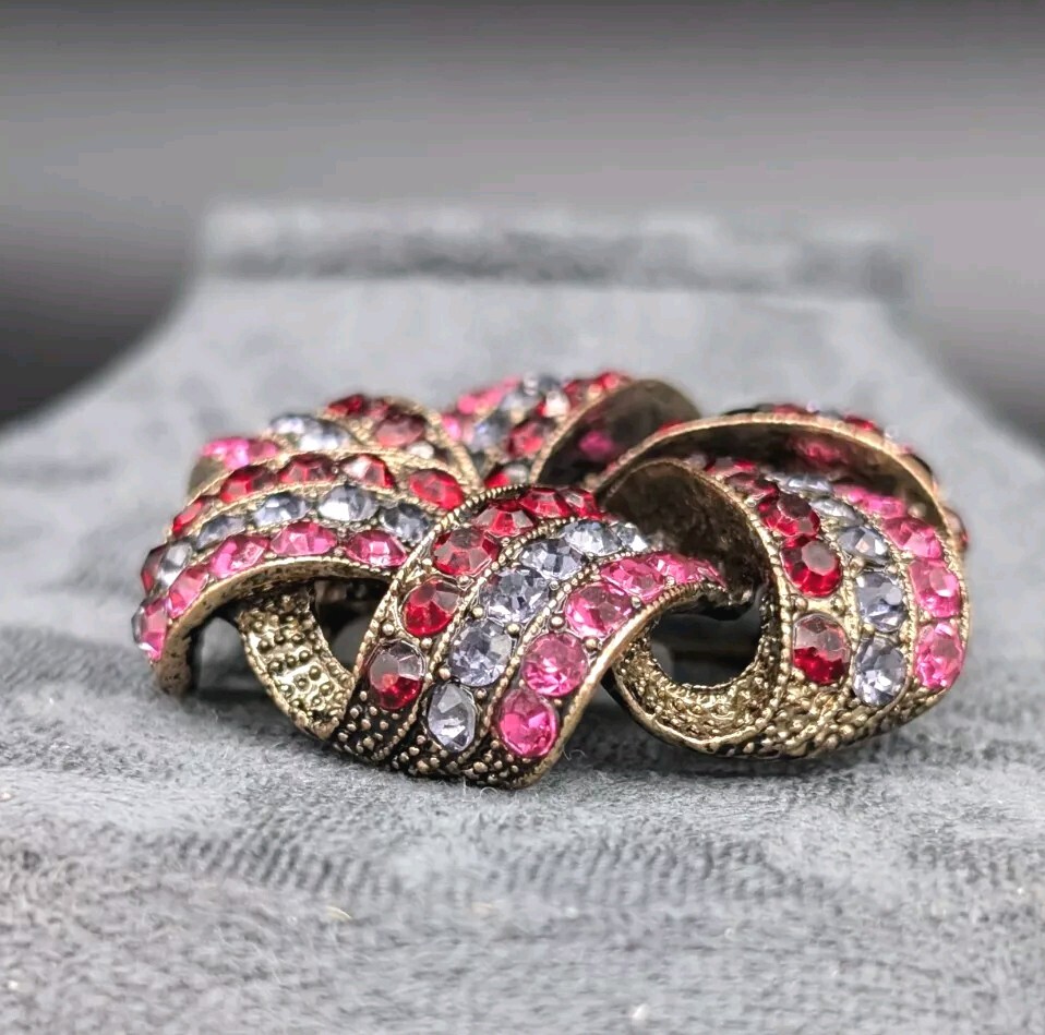 Vintage Signed Monet Ribbon Brooch Purple, Pink, Red Rhinestones