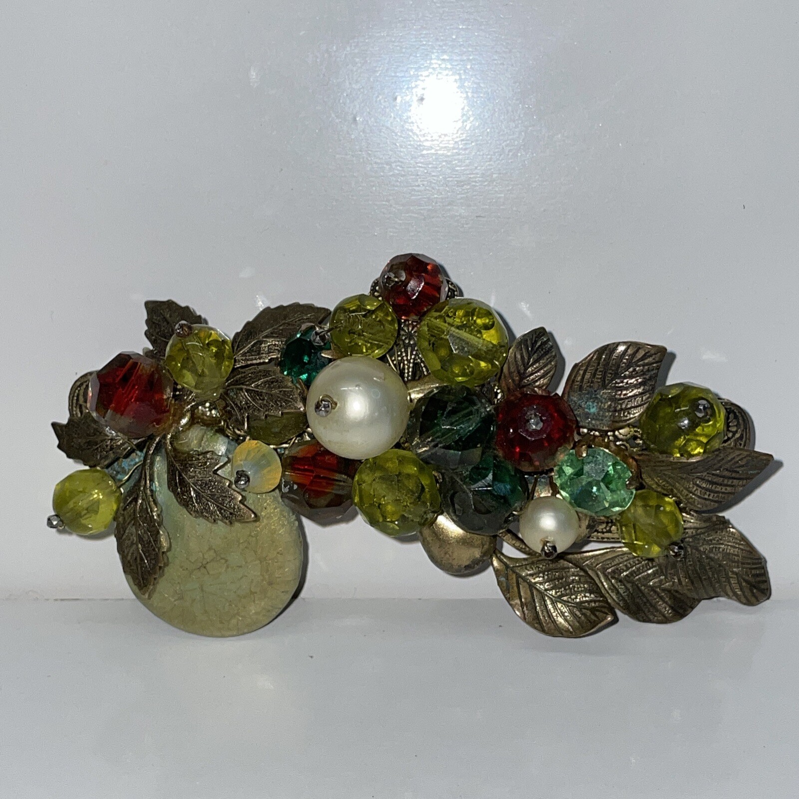 Rare Vintage Miriam Haskell Brooch Pin Gold Tone Faux Pearl Filigree Glows READ