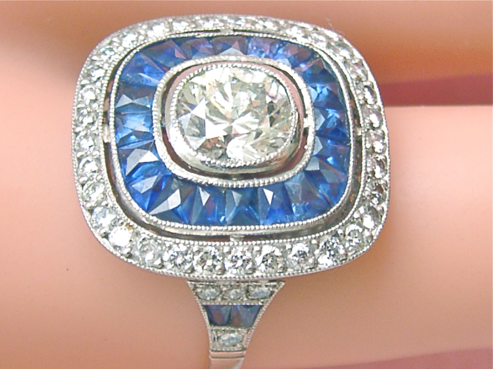 ART DECO 1.97ctw DIAMOND 1.2ctw SAPPHIRE HALO ENGAGEMENT CUSHION COCKTAIL RING