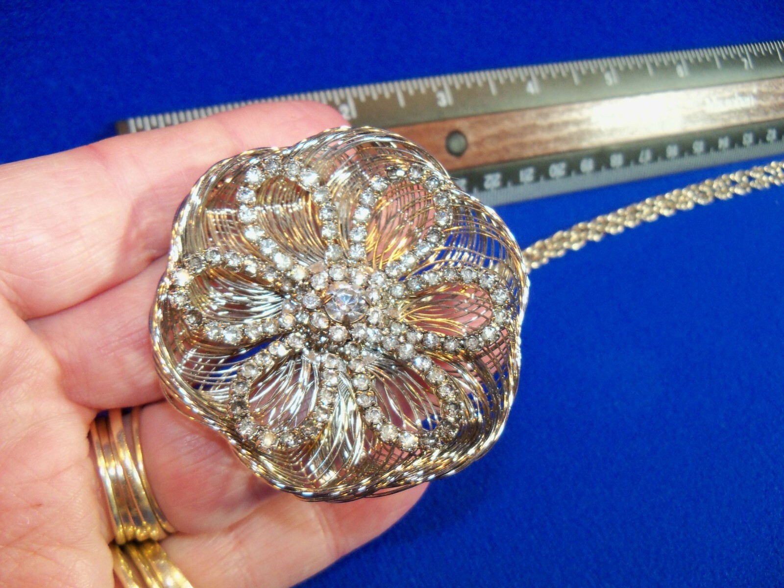 Vtg Rhinestone Flower Filigree Pendant Necklace Cannetille Silver Fine Wire Work