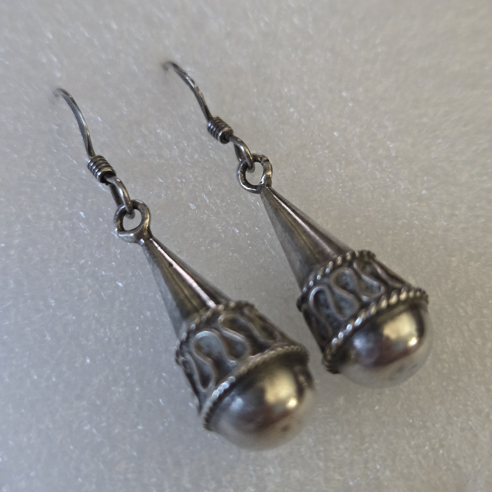 Vintage 925 Sterling Silver Etruscan Cone Drop Dangle Earrings Wirework