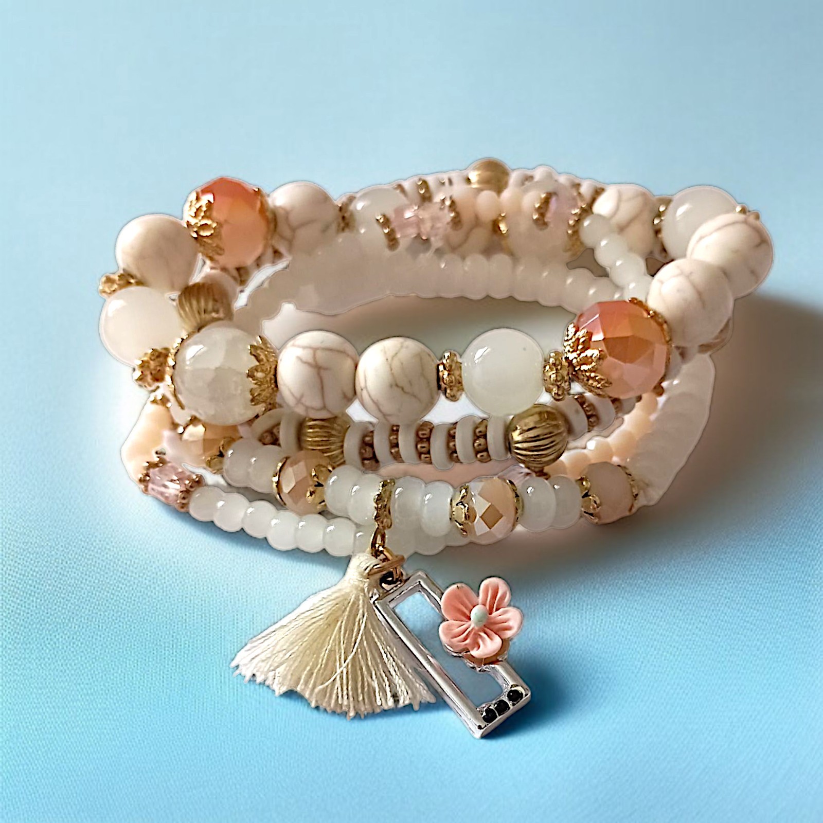 Y2K Multi Strand Beaded Bracelet Glass Stacked Floral Neutrals Fairy Indie Boho