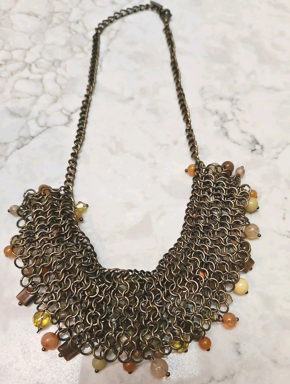 Vintage Coldwater Creek Cha Cha Bib Necklace Boho Beads Copper Tone Mesh Chain