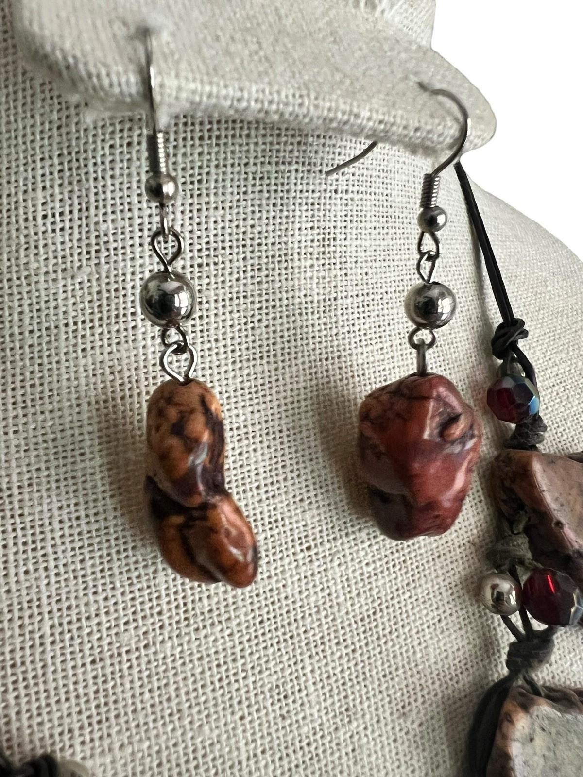Brutalist Gemstone Necklace Chunky Slab Multi Charm Matching Earrings 18-21” Adj