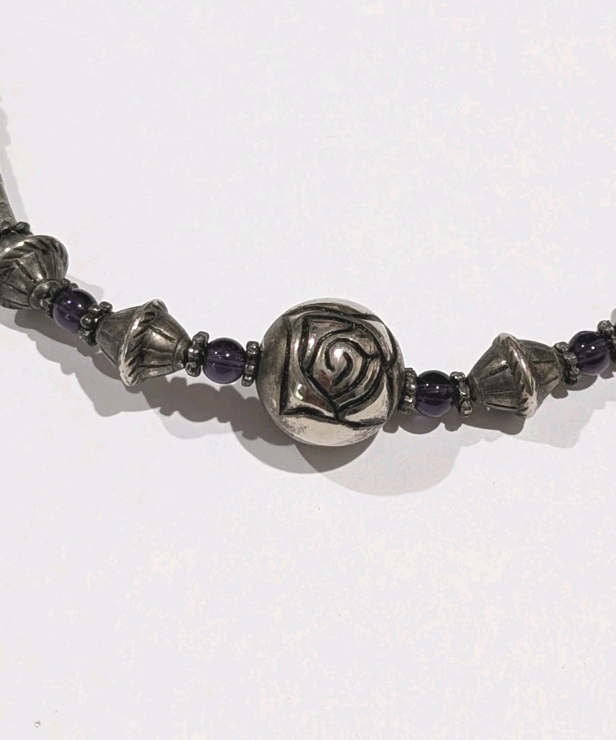 Vtg Sterling Silver Natural Green Jasper Amethyst Rose Bead Beaded 18″ Necklace