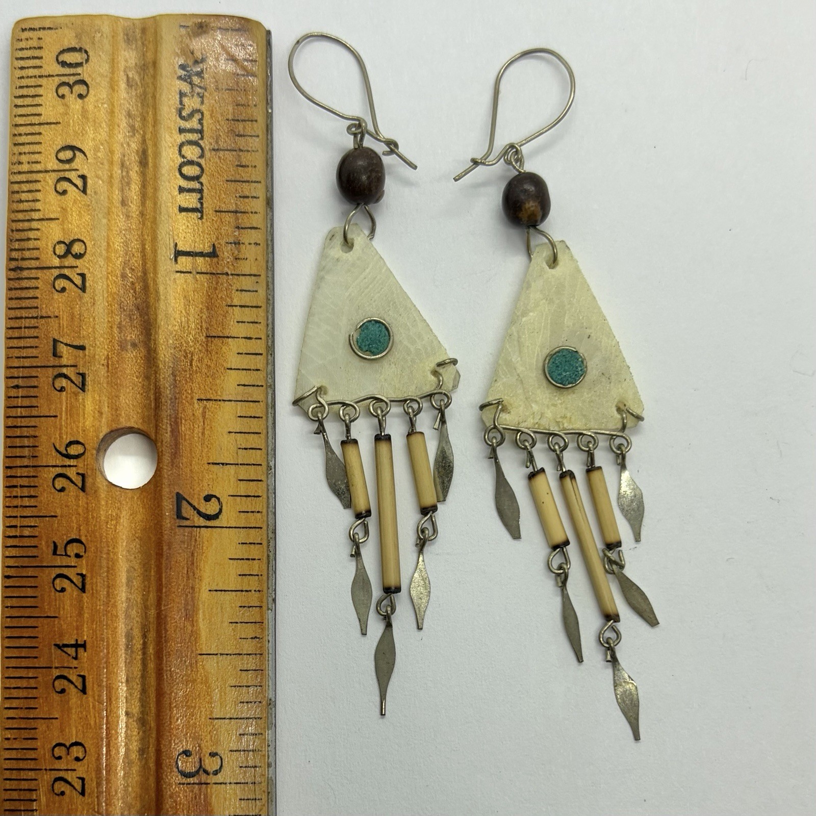 Vtg Tribal Scale Bamboo Chandelier Dangle Earrings Hook Ethnic Nature