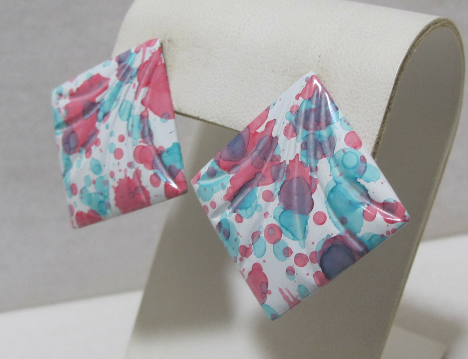 Fun! Vintage Pink Purple Aqua White Splatter Enamel Diamond-Shape Post Earrings