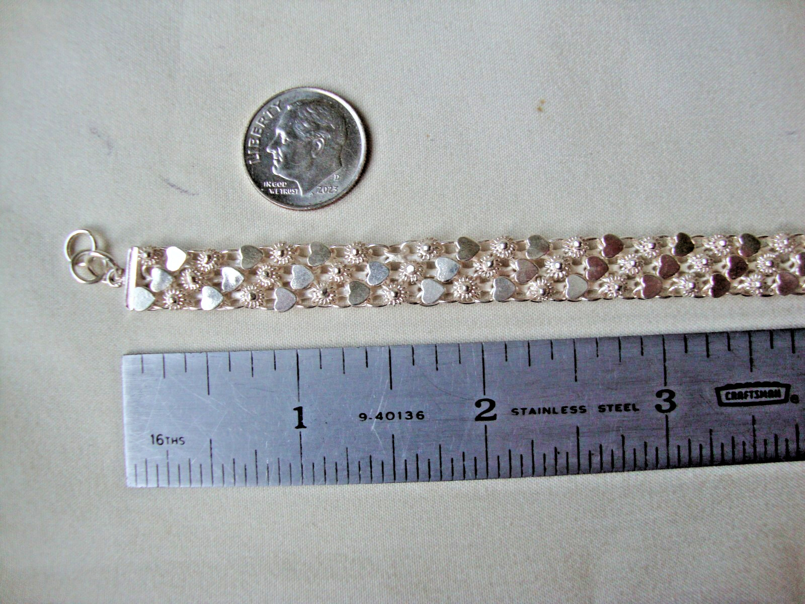 VTG 1970s HONG KONG HEARTS & FLOWERS TRI-LINK 7″ STERLING SILVER 925 BRACELET