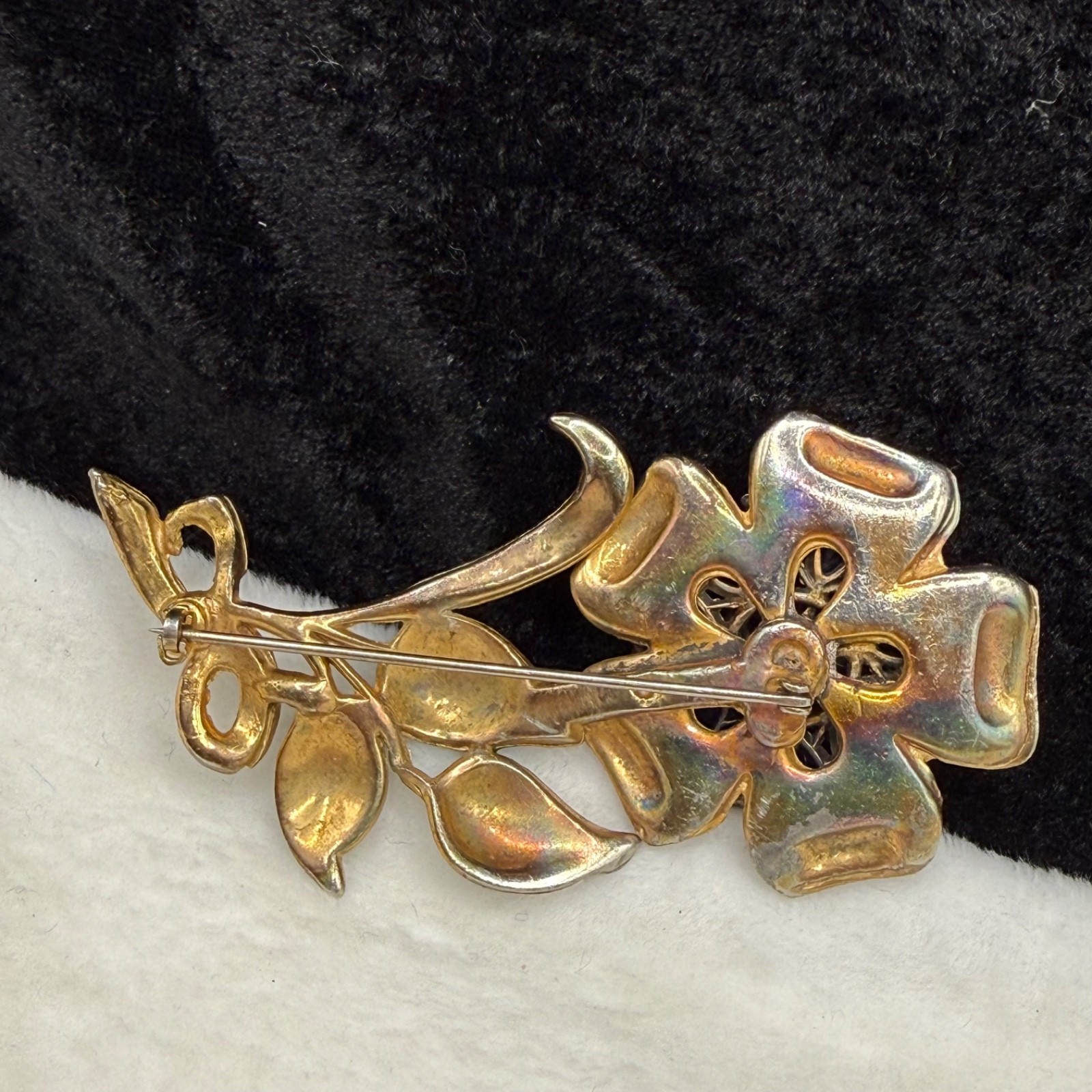 Vintage Pot Metal Brooch Rhinestone Blue Green Flower Gold Tone Enamel READ