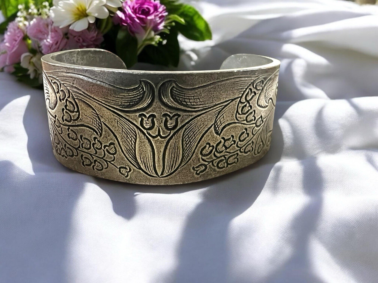 Salisbury Pewter Flower of the Month May Lilly Of Valley 2” Wide Cuff Bracelet