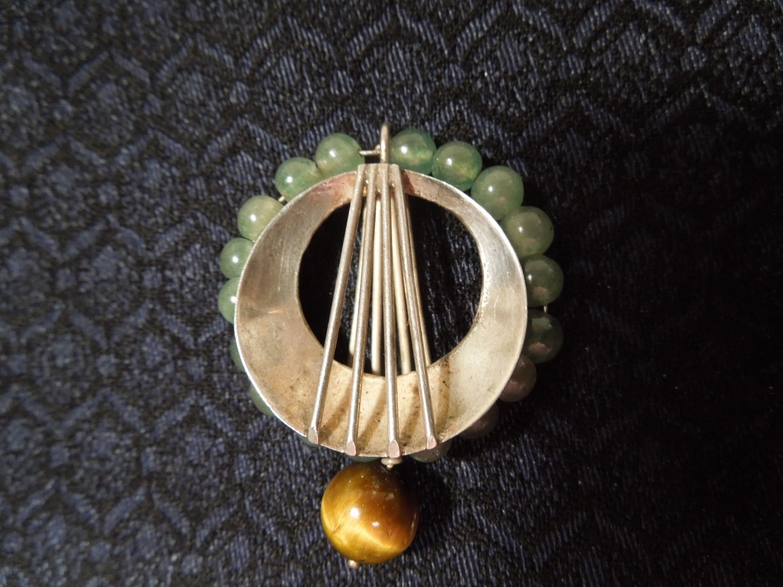 Vintage Rare Art Deco Sterling Silver Jade Tiger’s Eye Beaded Pendant