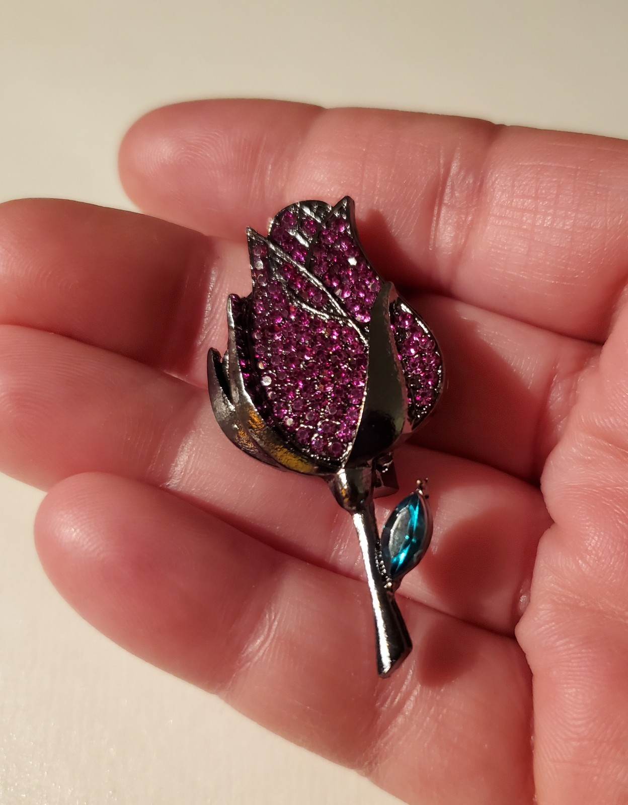 Gunmetal Rose Brooch Pink Rhinestones Teal Accent Gothic Romantic Dark Magic