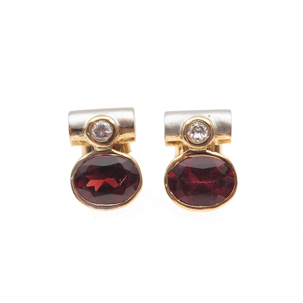 925 Sterling Silver 2-Tone Vintage Real Red Garnet & C Z Modernist Stud Earrings