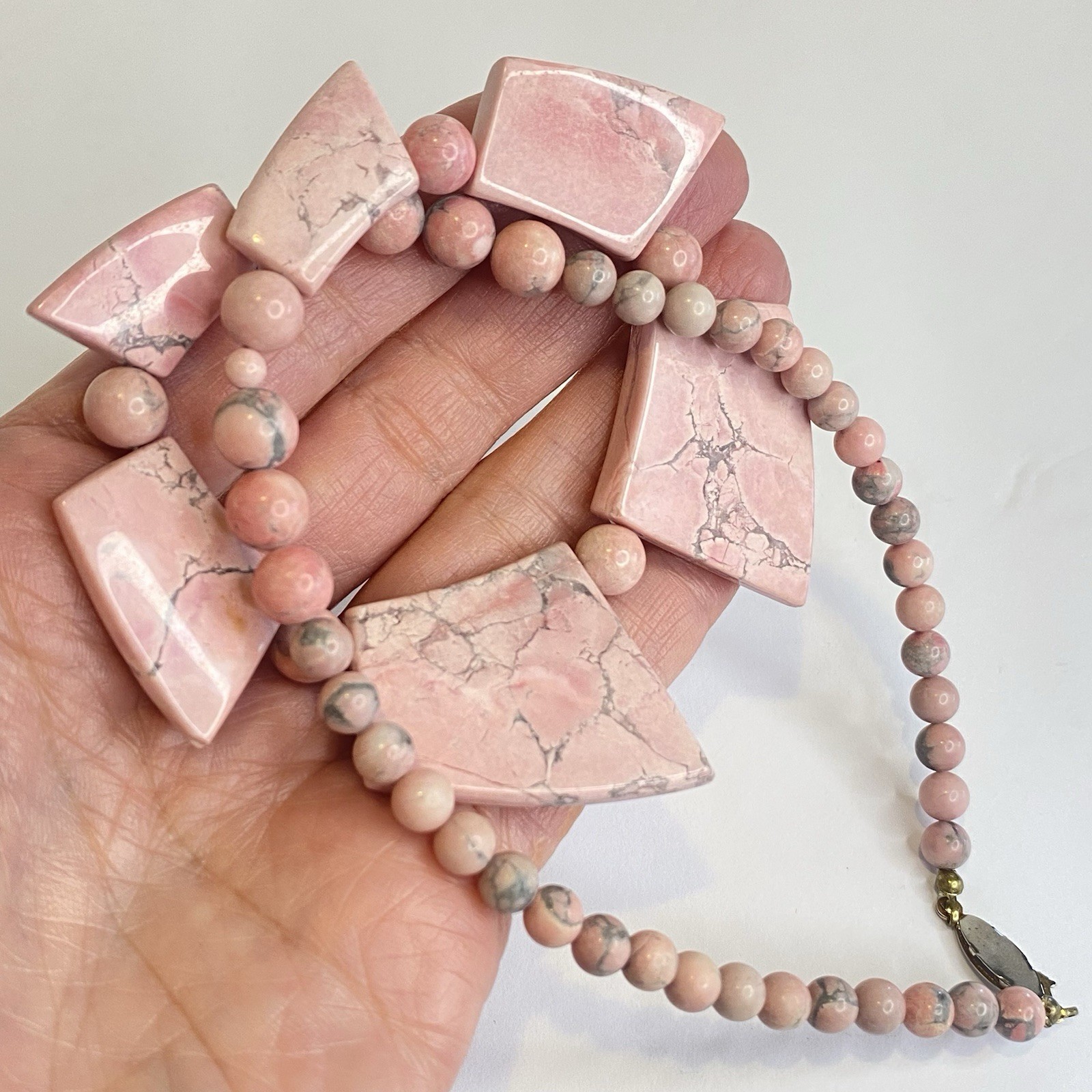 Vintage Pink Stone Necklace Natural Beaded Handmade Statement Artisan Rhodonite?
