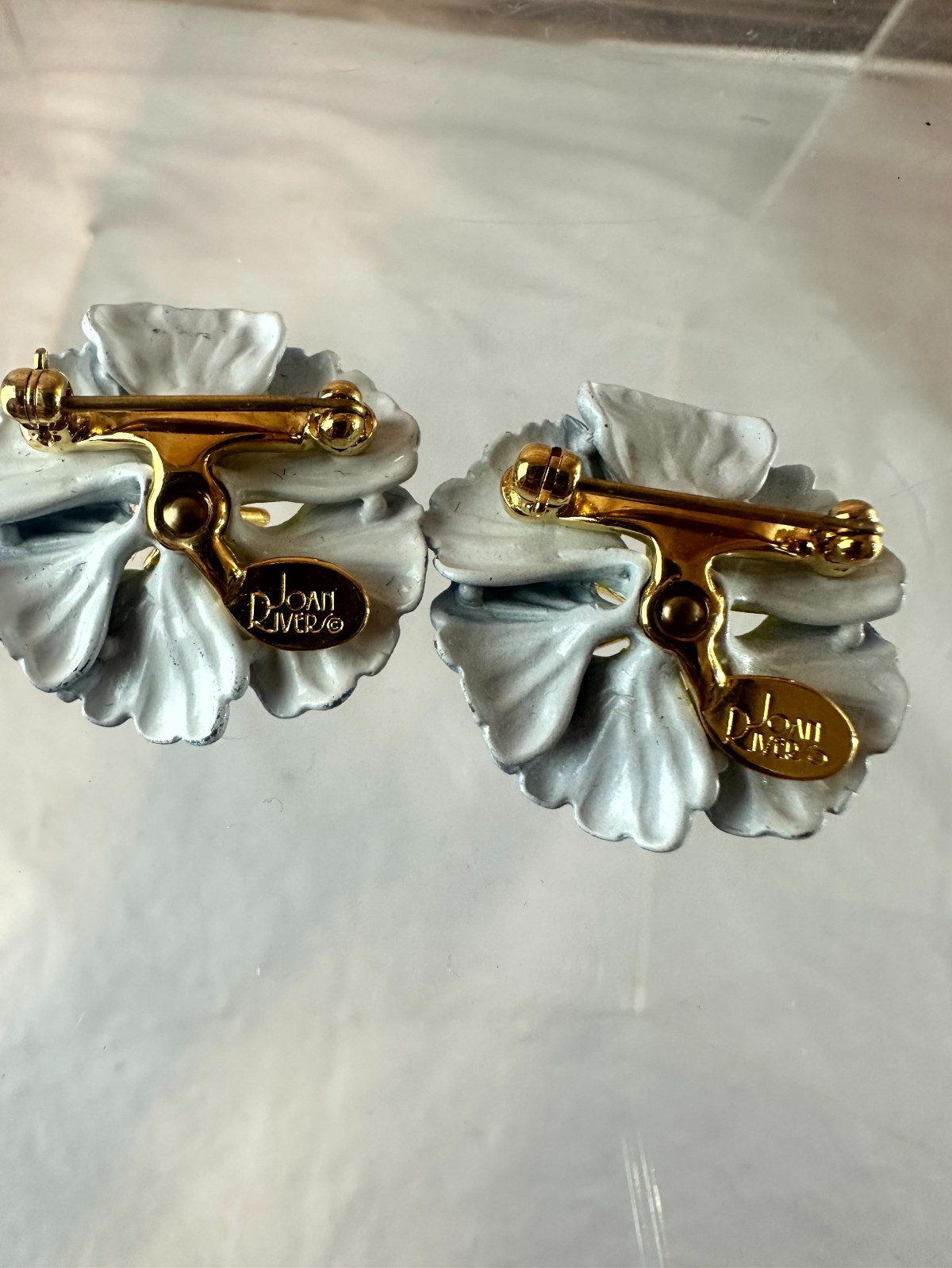Joan Rivers Periwinkle Pansy Flower Brooches Blue & White Enamel Petals Pair