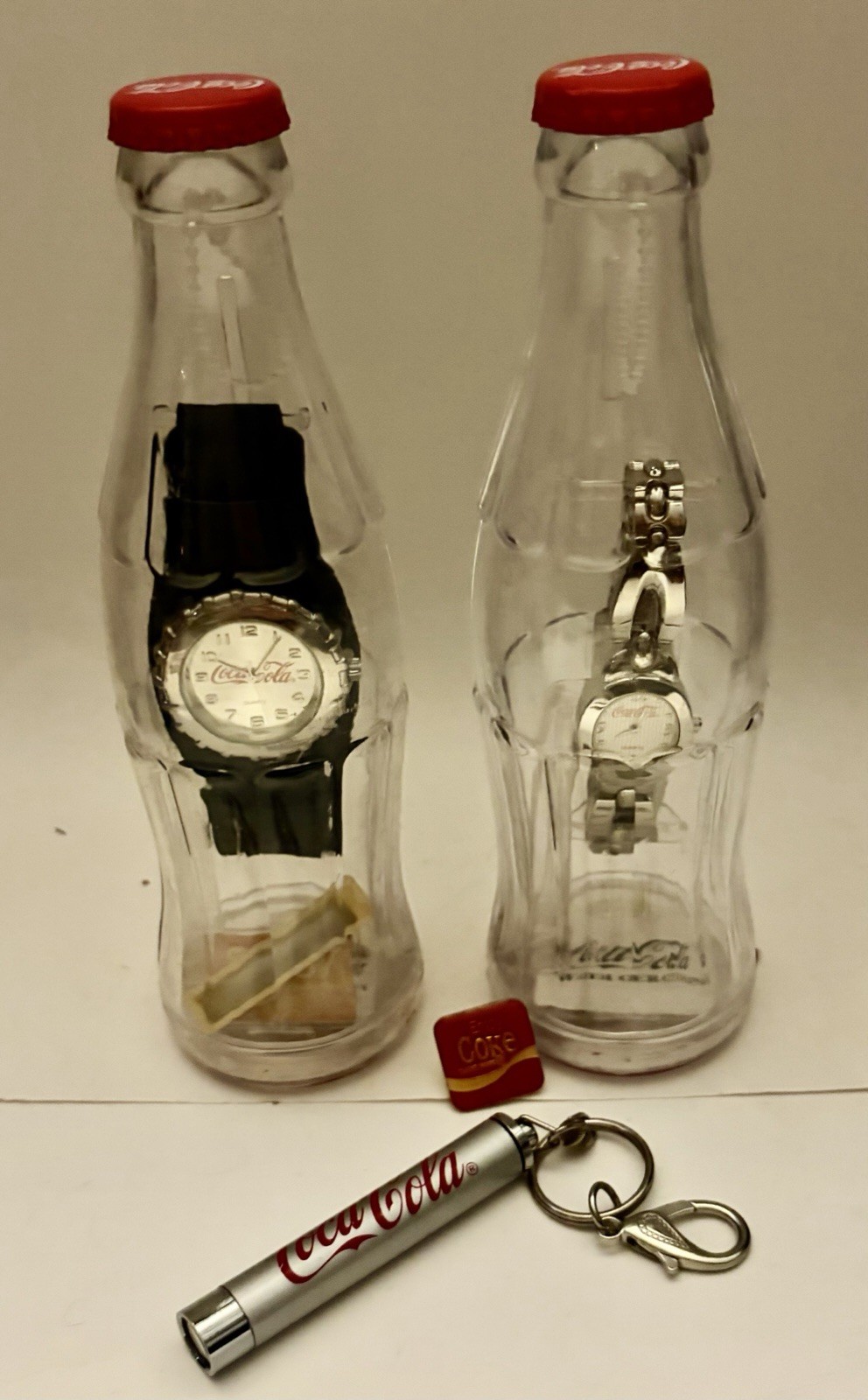 Vintage 4 Pc 2002 Cola Watches In A Bottle & Accessory Lot